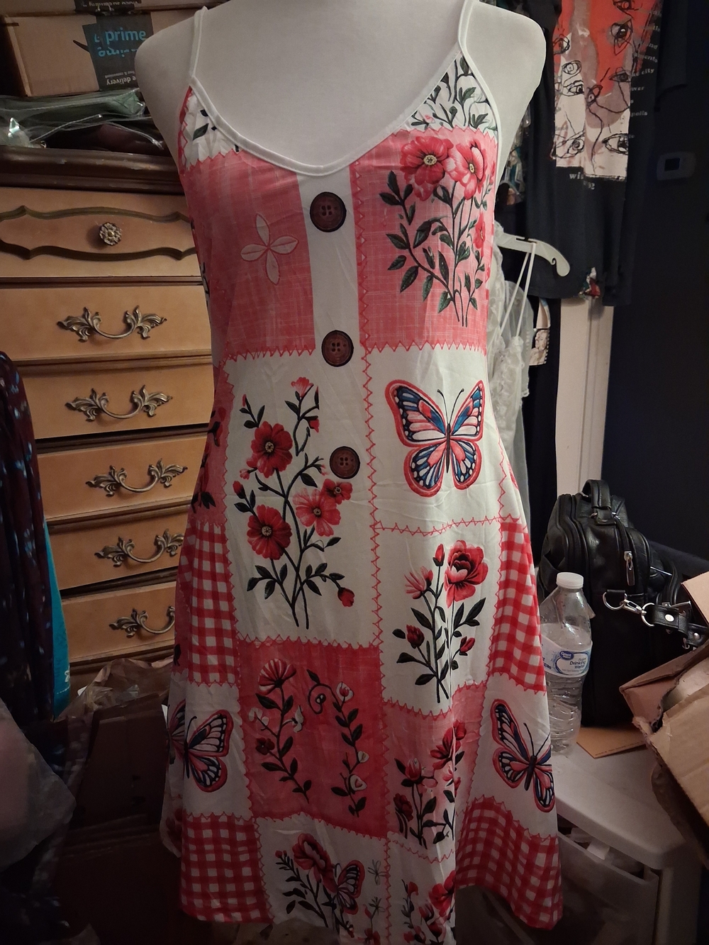 New,Knit 3d Print Floral Patchwork Gingham Pink Sundress Butterfly Accent Size M